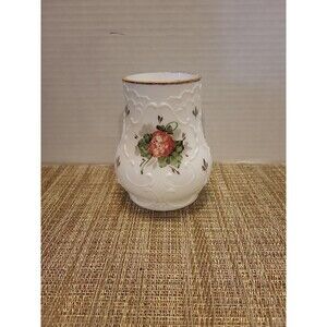 VINTAGE ANTIQUE WHITE MILK GLASS VASE SCROLL WITH HAND PAINTED FLORAL  4.25"